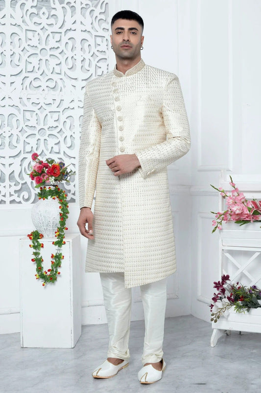 Cream Colour Art Silk Sherwani With Churidar Pant SH1230065