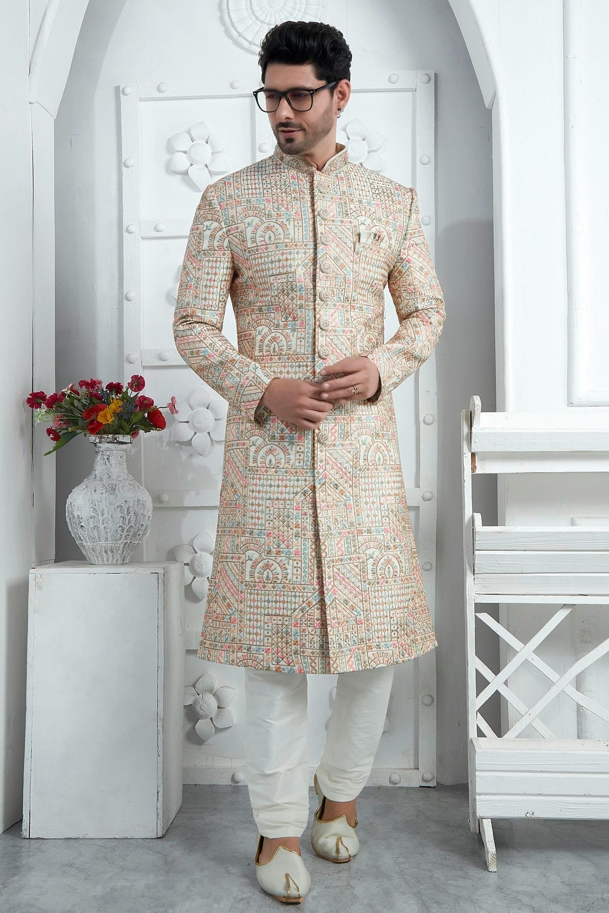 Cream Colour Art Silk Sherwani With Churidar Pant SH1230078 A
