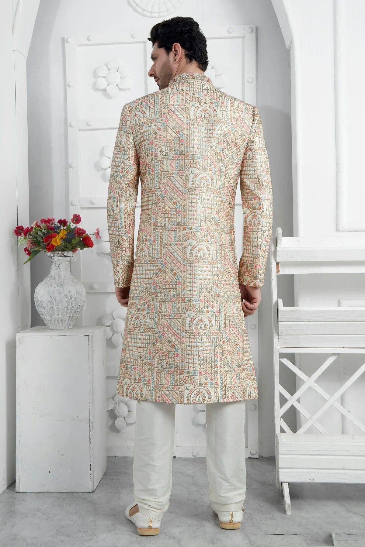 Cream Colour Art Silk Sherwani With Churidar Pant SH1230078 B