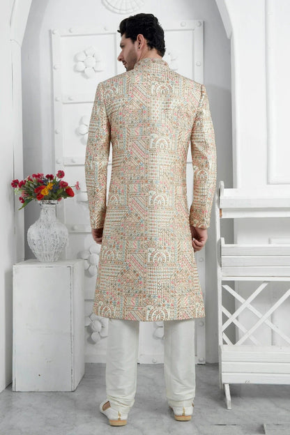 Cream Colour Art Silk Sherwani With Churidar Pant SH1230078 B