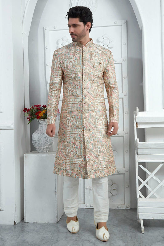Cream Colour Art Silk Sherwani With Churidar Pant SH1230078