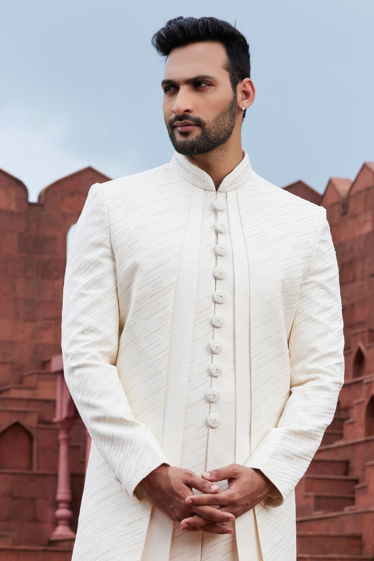 Cream Colour Art Silk Thread Embroidery Work 4 Pcs Jacket Set