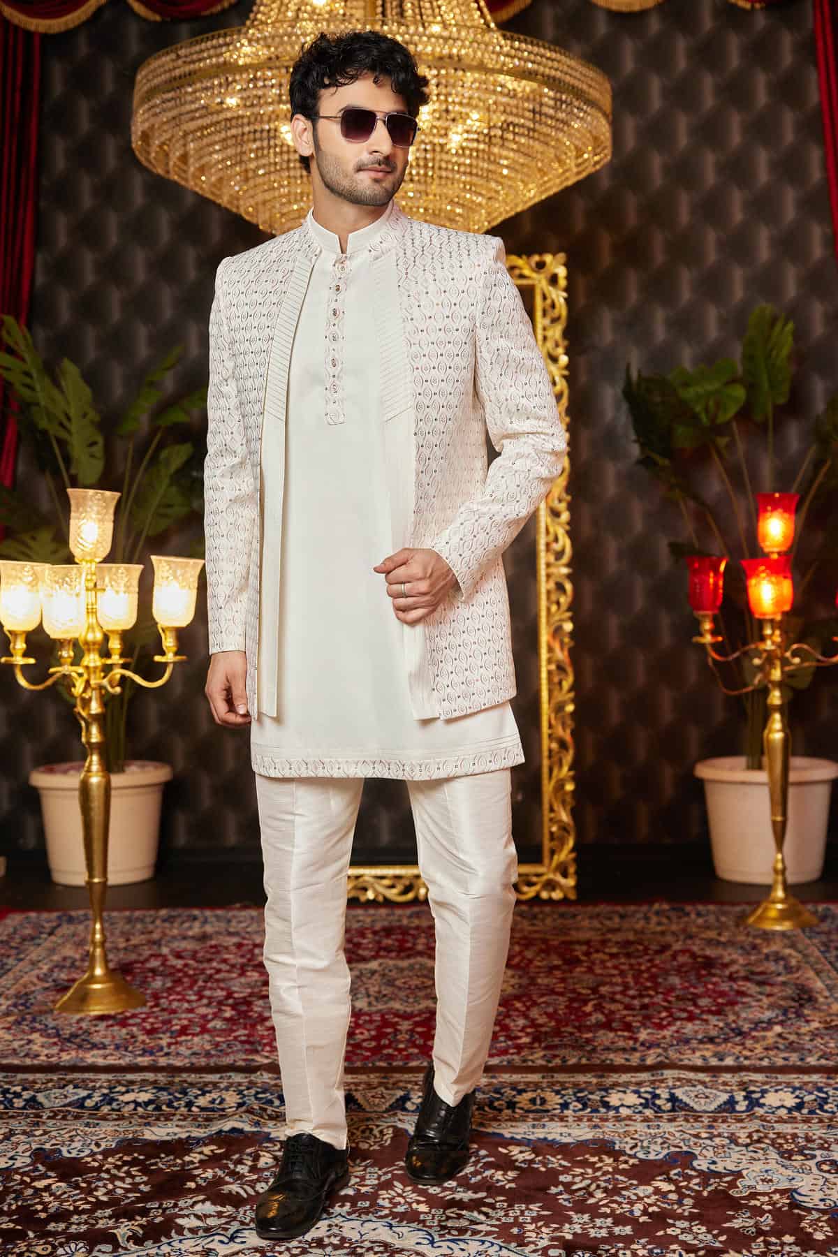 Cream Colour Art Silk Thread Work Embroidery 3 Pcs Kurta Jacket