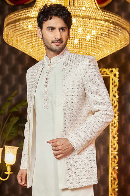 Cream Colour Art Silk Thread Work Embroidery 3 Pcs Kurta Jacket
