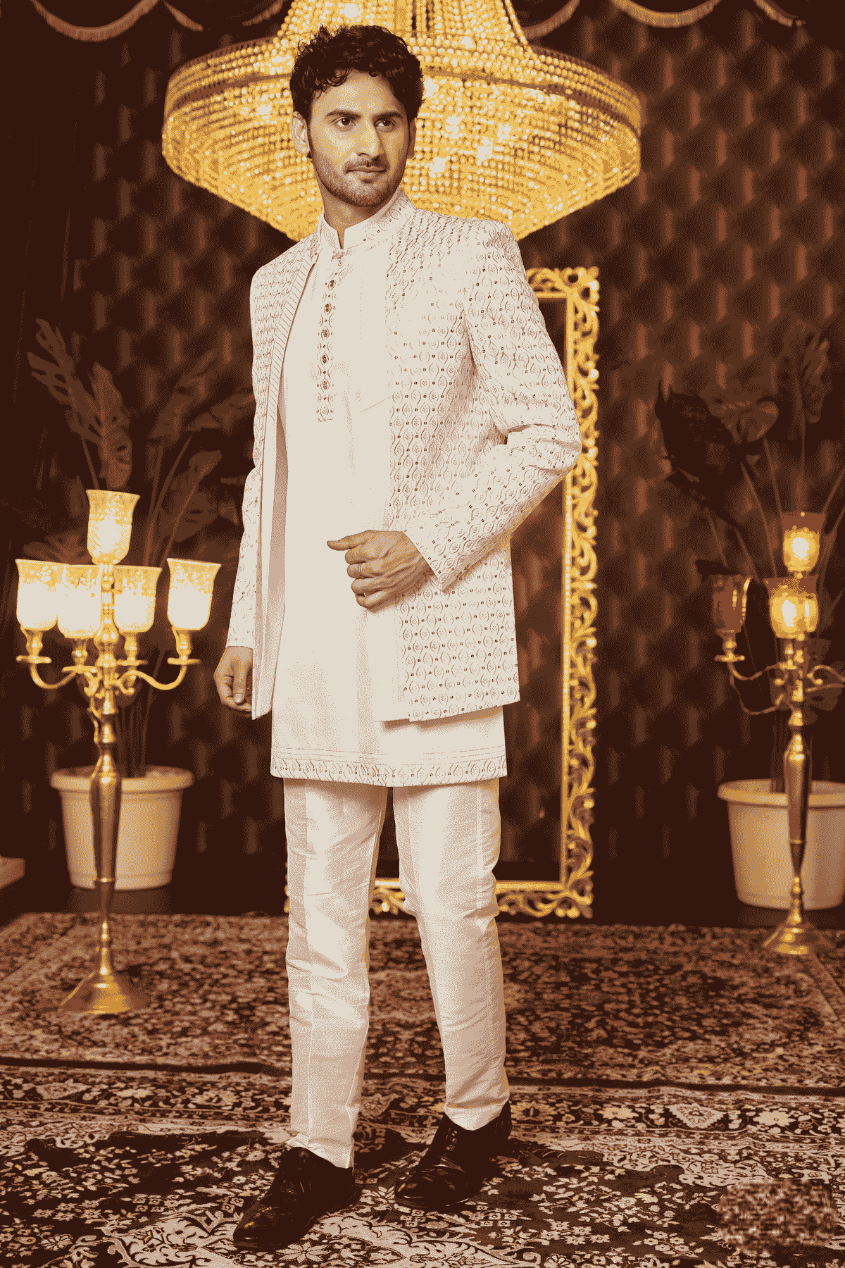Cream Colour Art Silk Thread Work Embroidery 3 Pcs Kurta Jacket