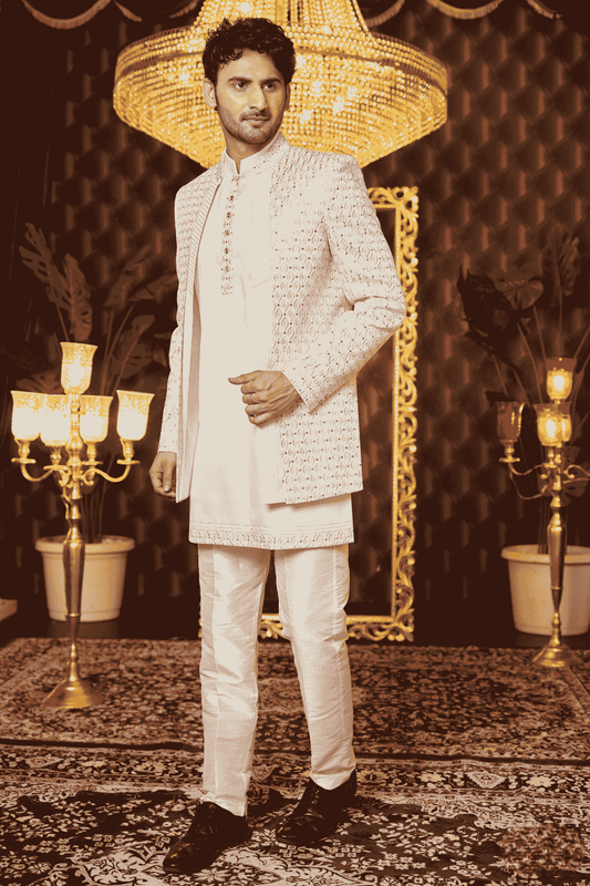 Cream Colour Art Silk Thread Work Embroidery 3 Pcs Kurta Jacket