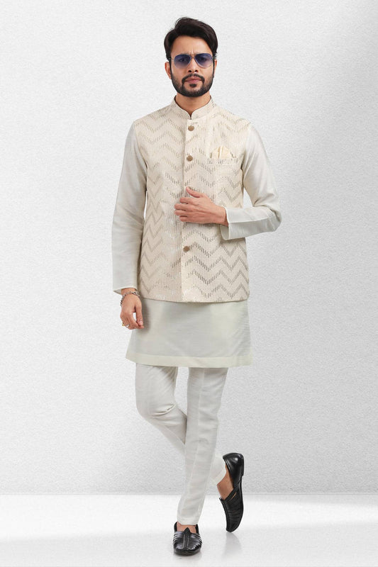 Cream Colour Art Silk Thread Work Kurta Pajama With Jacket