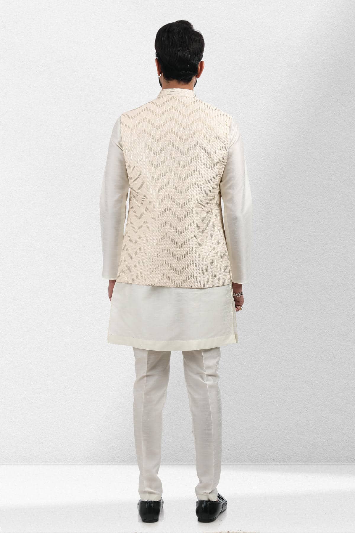 Cream Colour Art Silk Thread Work Kurta Pajama With Jacket