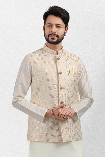 Cream Colour Art Silk Thread Work Kurta Pajama With Jacket