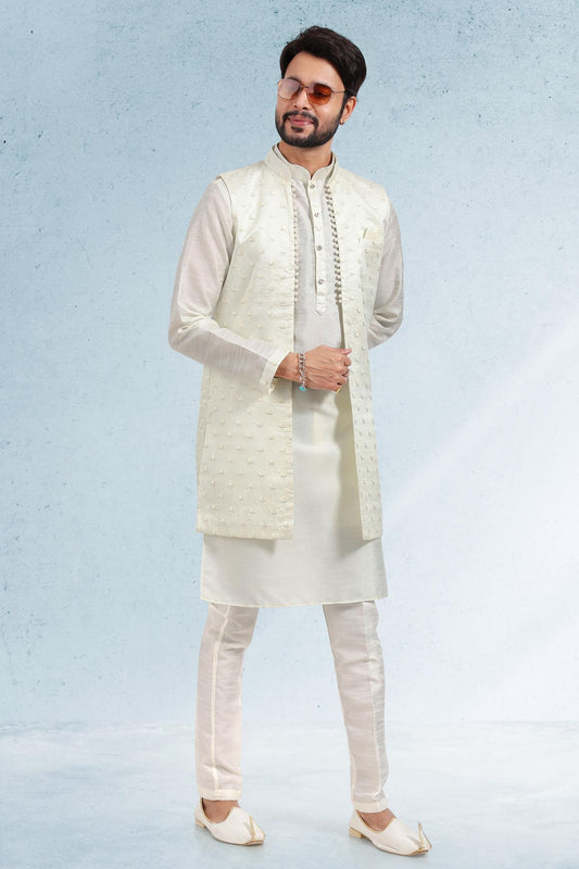 Cream Colour Art Silk Thread Work Kurta Pajama With Jacket
