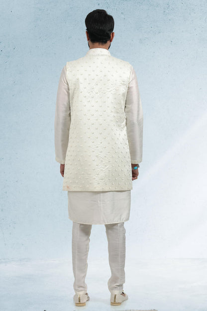 Cream Colour Art Silk Thread Work Kurta Pajama With Jacket