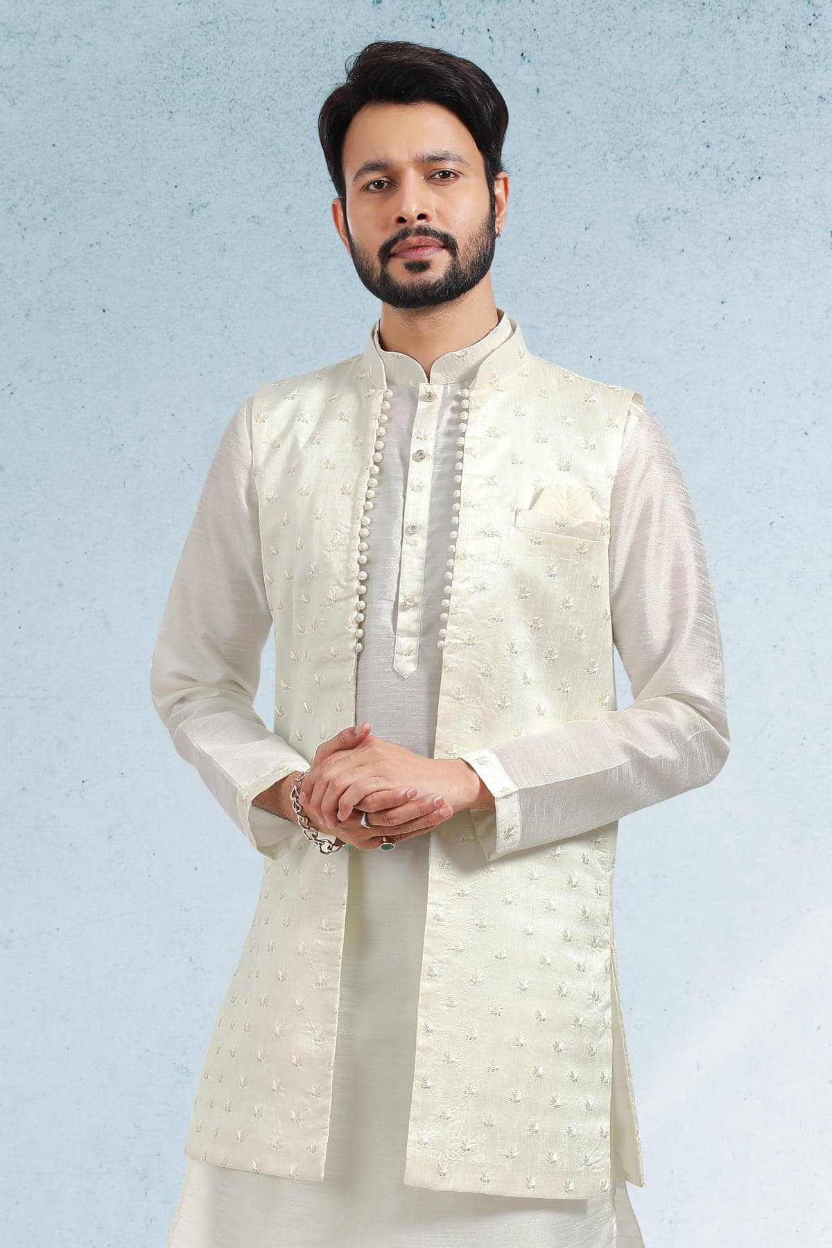 Cream Colour Art Silk Thread Work Kurta Pajama With Jacket