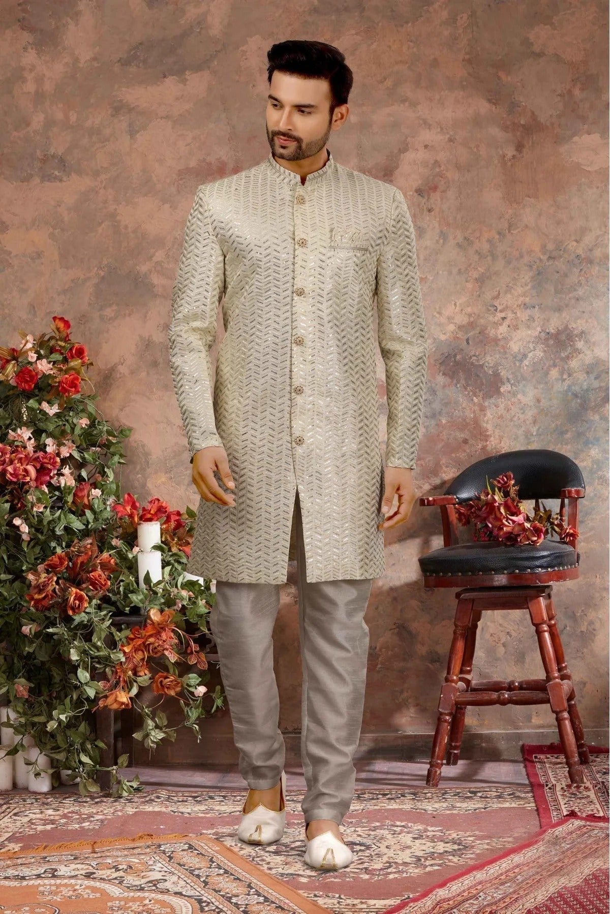 Cream Colour Art Silk Thread Work Sherwani SH1040345