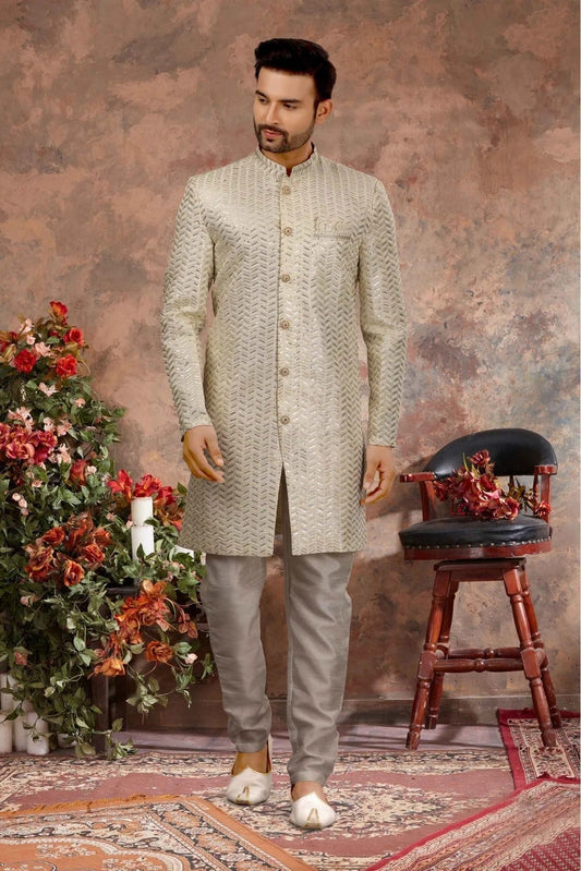 Cream Colour Art Silk Thread Work Sherwani SH1040345