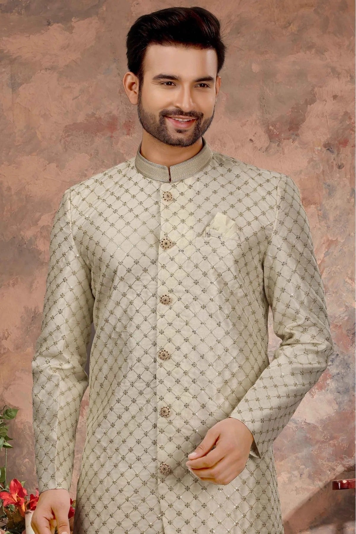 Cream Colour Art Silk Thread Work Sherwani SH1040351 A