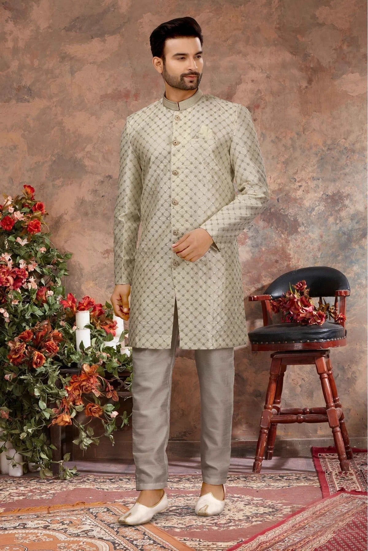 Cream Colour Art Silk Thread Work Sherwani SH1040351