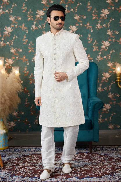 Cream Colour Art Silk Thread Work Sherwani