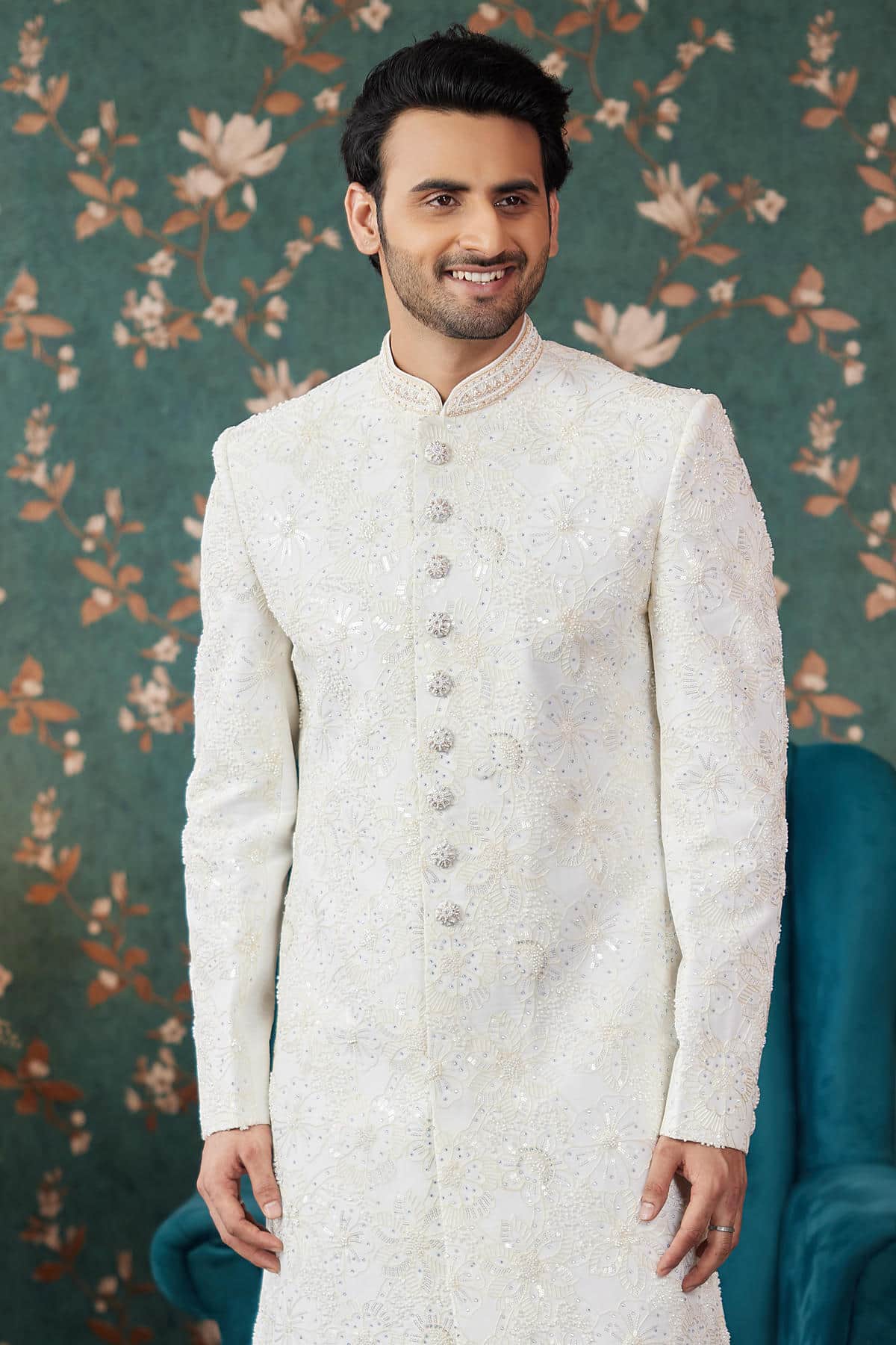 Cream Colour Art Silk Thread Work Sherwani