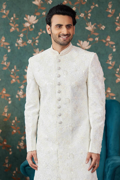 Cream Colour Art Silk Thread Work Sherwani