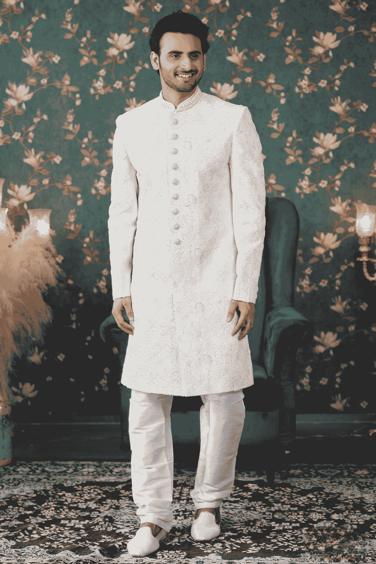 Cream Colour Art Silk Thread Work Sherwani