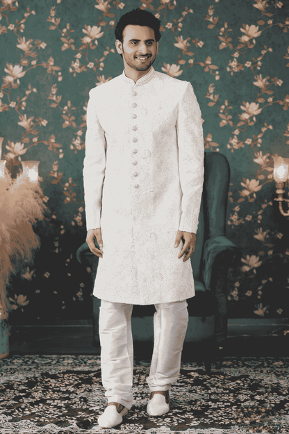 Cream Colour Art Silk Thread Work Sherwani