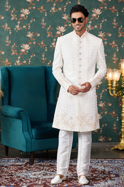 Cream Colour Art Silk Thread Work Sherwani
