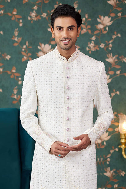 Cream Colour Art Silk Thread Work Sherwani