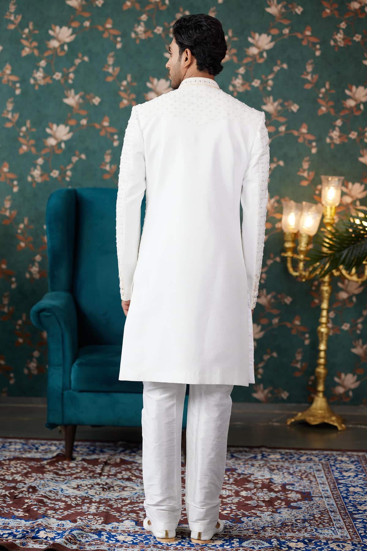 Cream Colour Art Silk Thread Work Sherwani