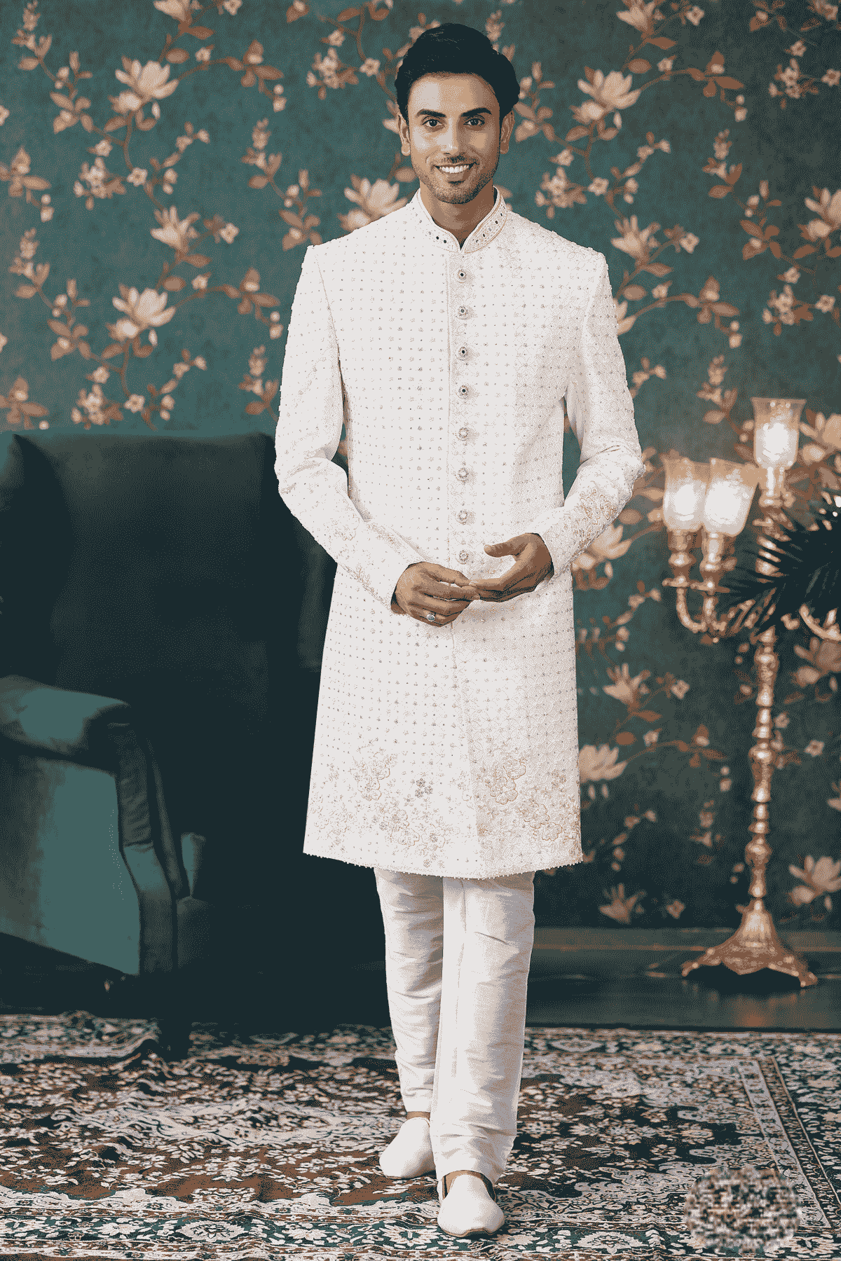 Cream Colour Art Silk Thread Work Sherwani