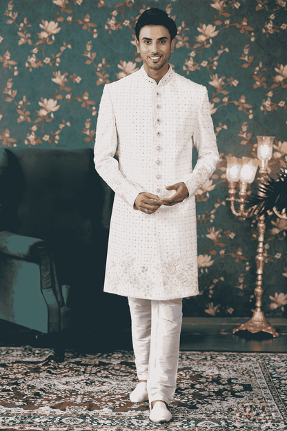 Cream Colour Art Silk Thread Work Sherwani