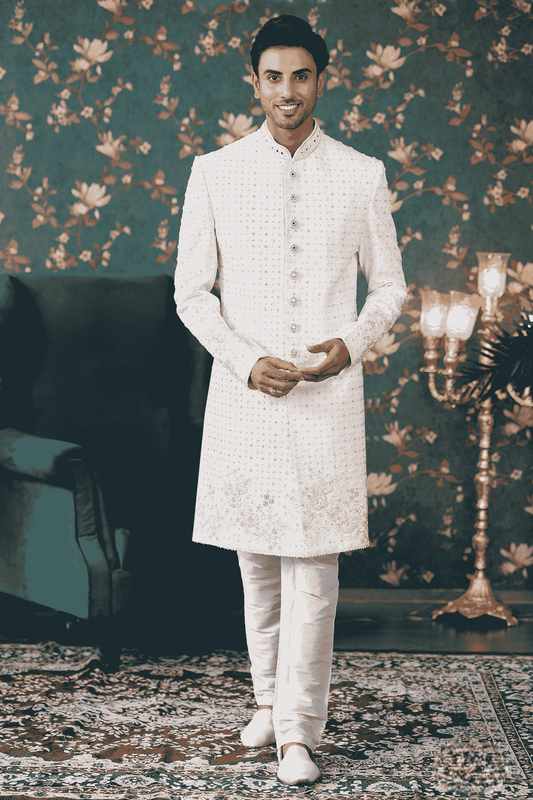 Cream Colour Art Silk Thread Work Sherwani