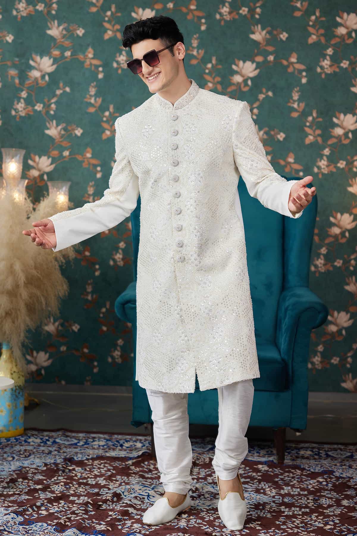 Cream Colour Art Silk Thread Work Sherwani