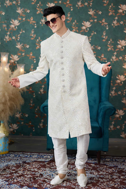 Cream Colour Art Silk Thread Work Sherwani