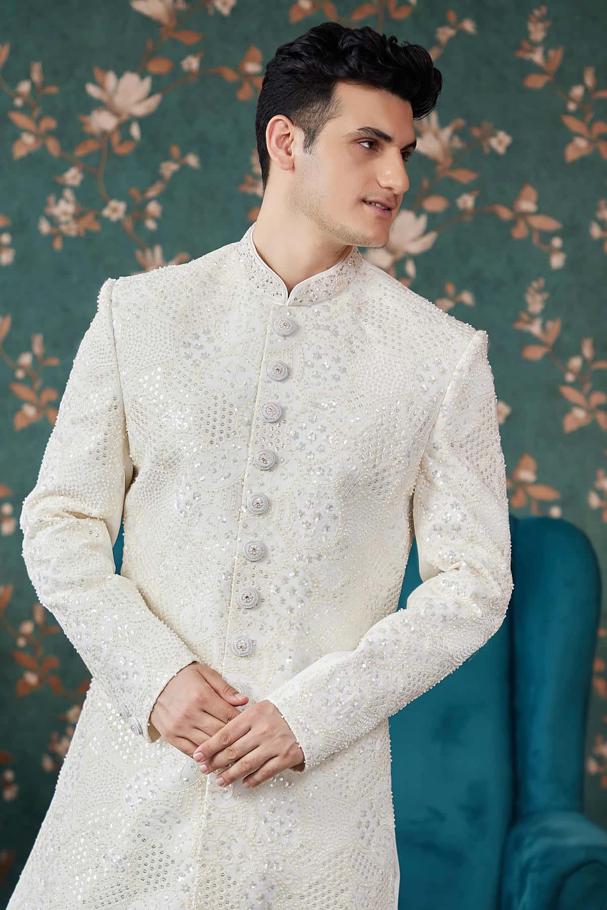 Cream Colour Art Silk Thread Work Sherwani