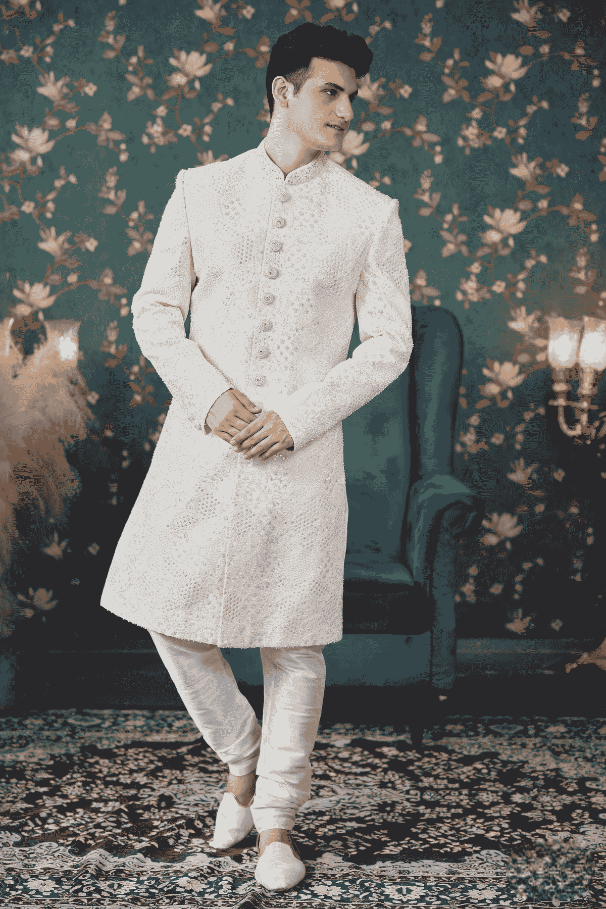 Cream Colour Art Silk Thread Work Sherwani