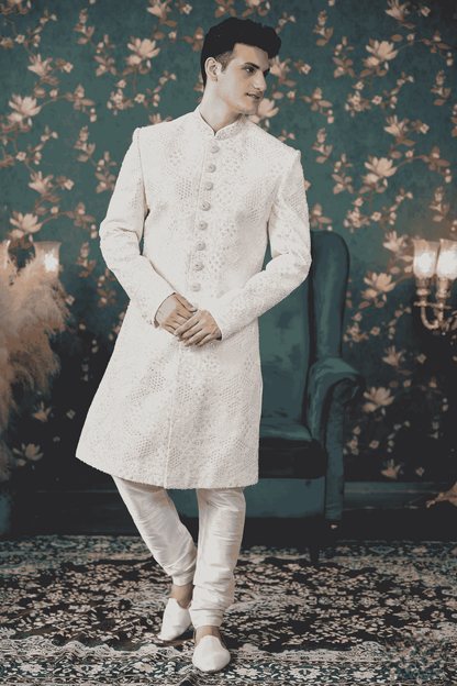Cream Colour Art Silk Thread Work Sherwani