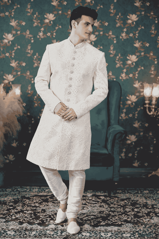 Cream Colour Art Silk Thread Work Sherwani