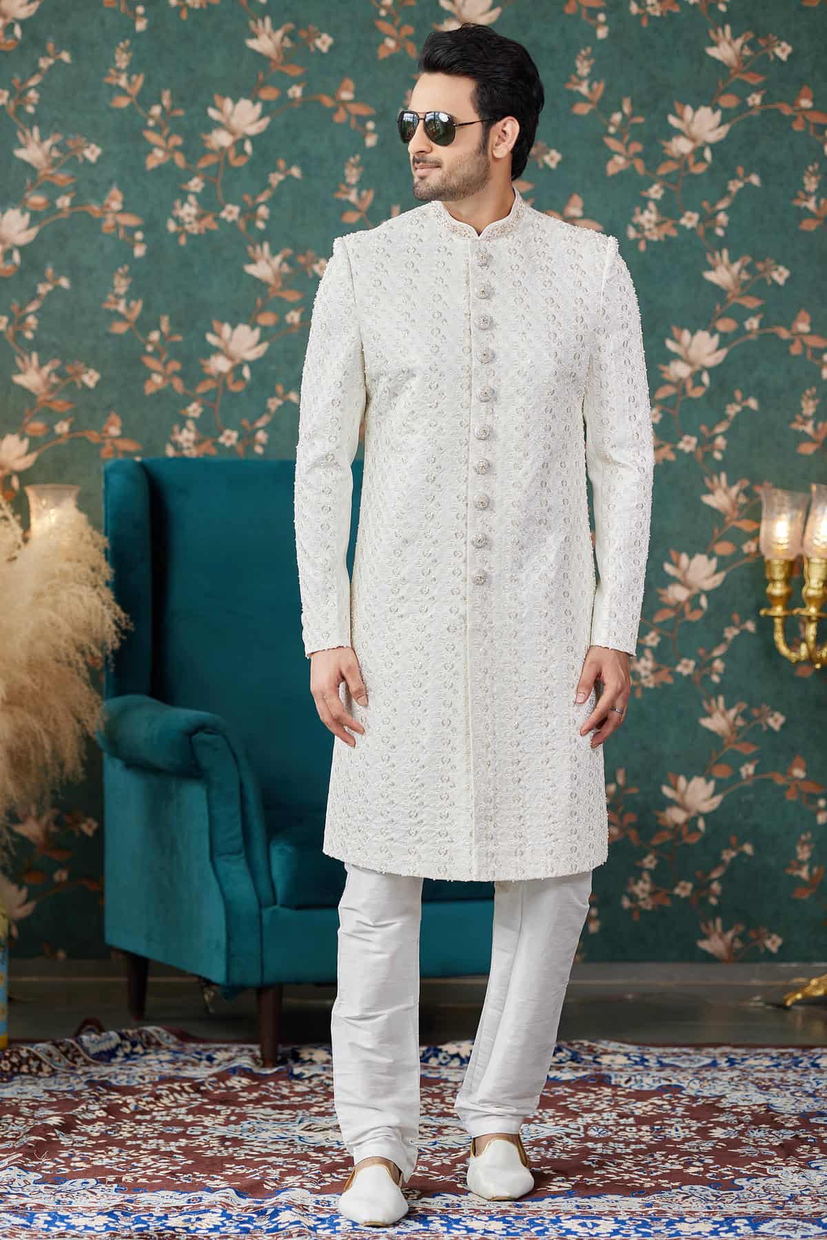 Cream Colour Art Silk Thread Work Sherwani