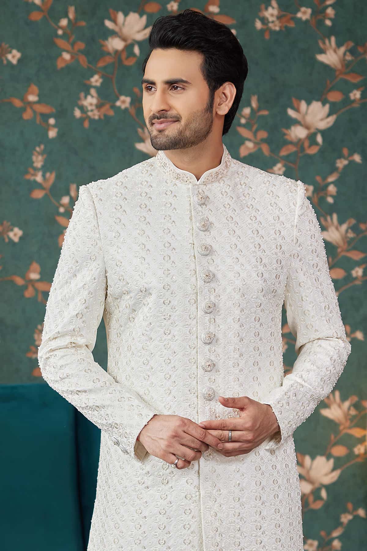 Cream Colour Art Silk Thread Work Sherwani