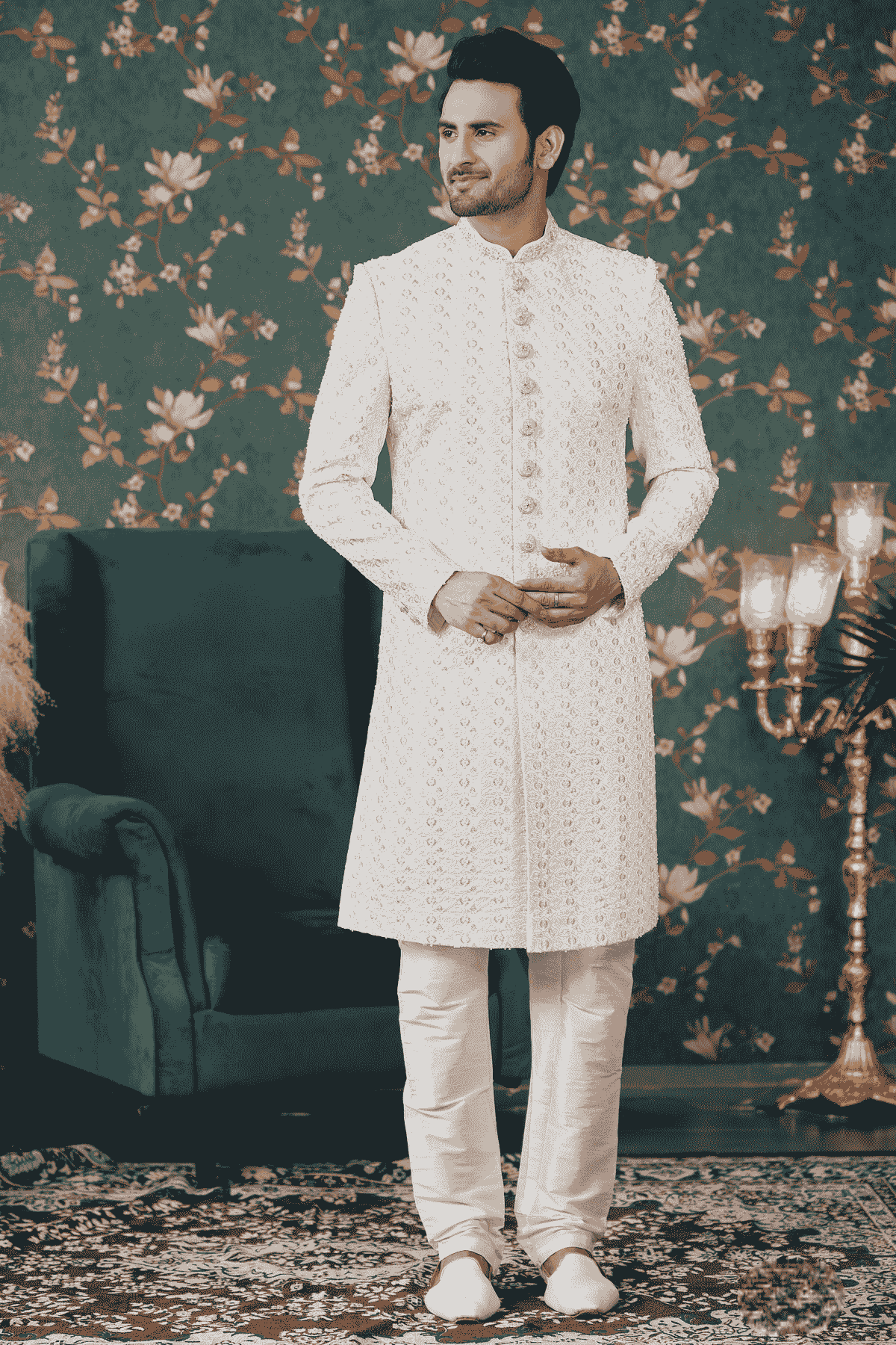Cream Colour Art Silk Thread Work Sherwani