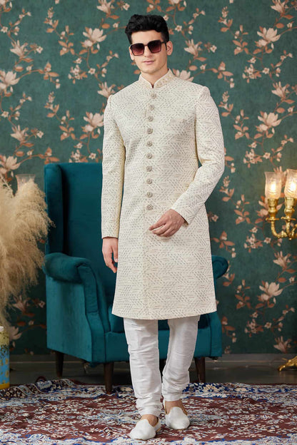 Cream Colour Art Silk Thread Work Sherwani