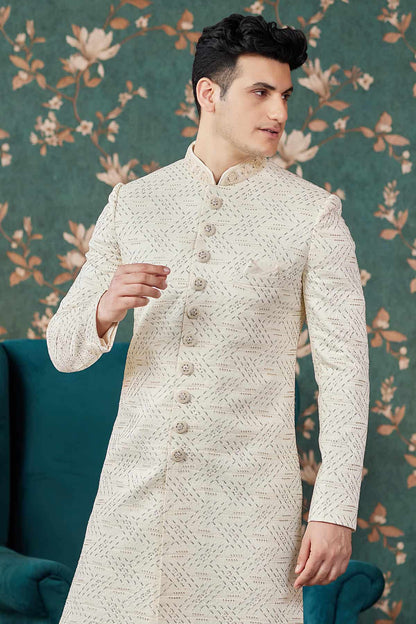 Cream Colour Art Silk Thread Work Sherwani