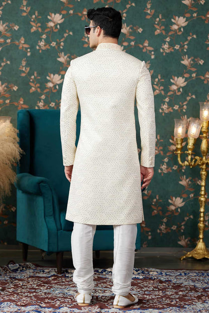 Cream Colour Art Silk Thread Work Sherwani