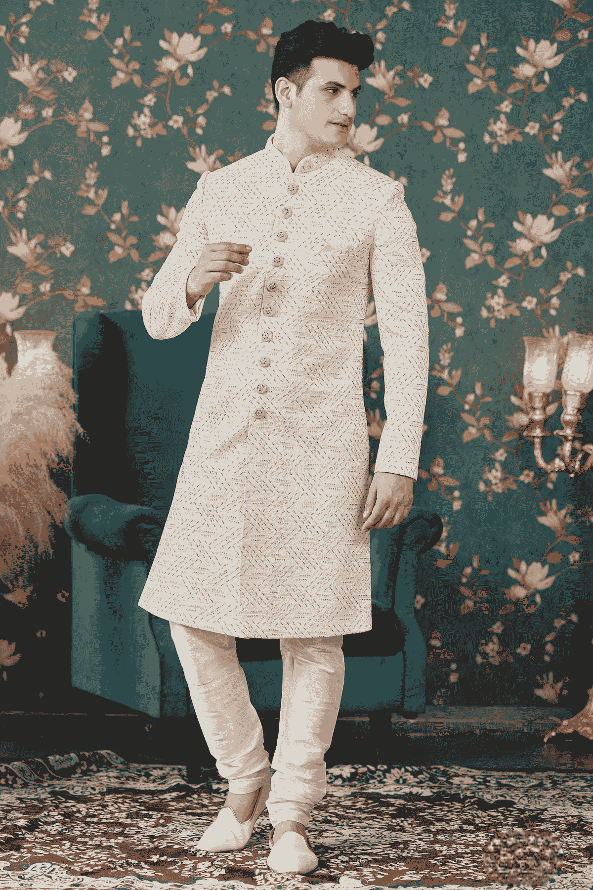Cream Colour Art Silk Thread Work Sherwani