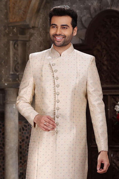 Cream Colour Banarasi Jacquard Embroidery Work indo western Sherwani