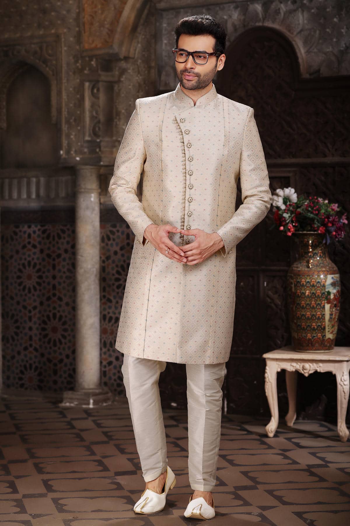 Cream Colour Banarasi Jacquard Embroidery Work indo western Sherwani