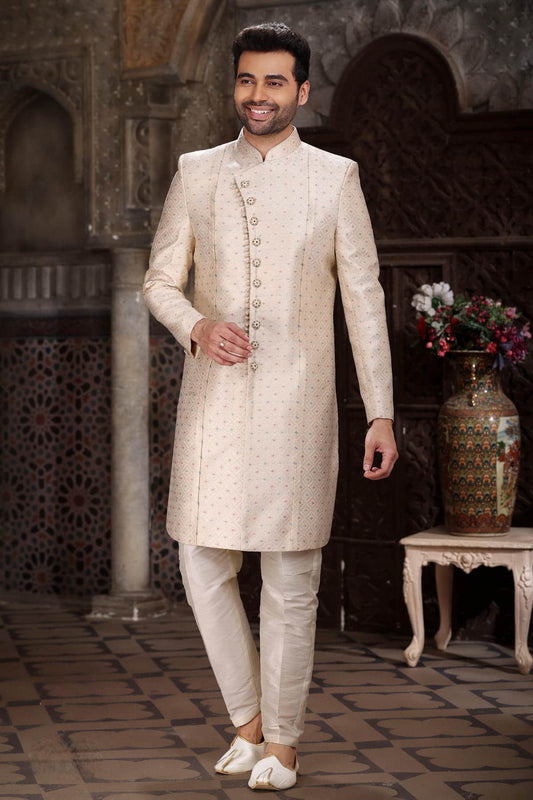 Cream Colour Banarasi Jacquard Embroidery Work indo western Sherwani