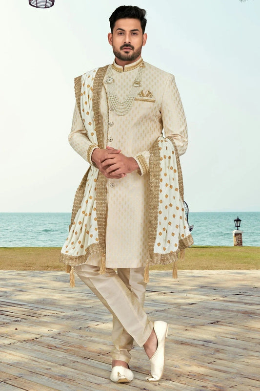 Cream Colour Banarasi Jacquard Sherwani SH1040517