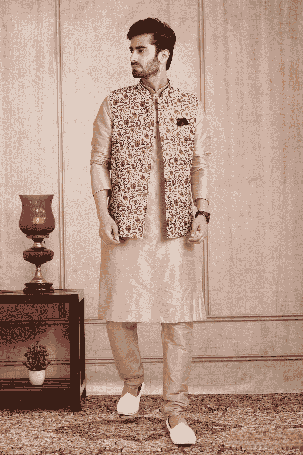Cream Colour Banarasi Silk Digital Printed Kurta Pajama With Jacket