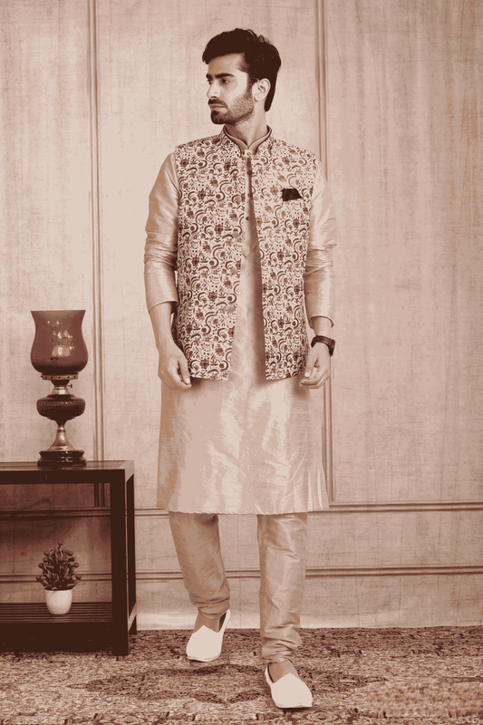 Cream Colour Banarasi Silk Digital Printed Kurta Pajama With Jacket
